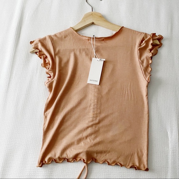 NWT Taupe Lettuce Hemline Ruched Drawstring Cropped Tee - Picture 6 of 9